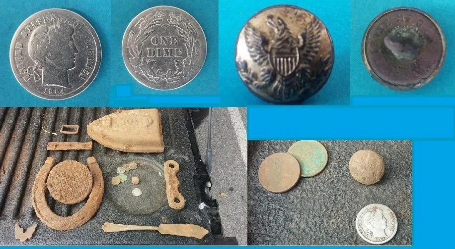 Ed Huffman's Thompson Brown Historic House finds, including coins, an eagle button, a horseshoe and other metal objects