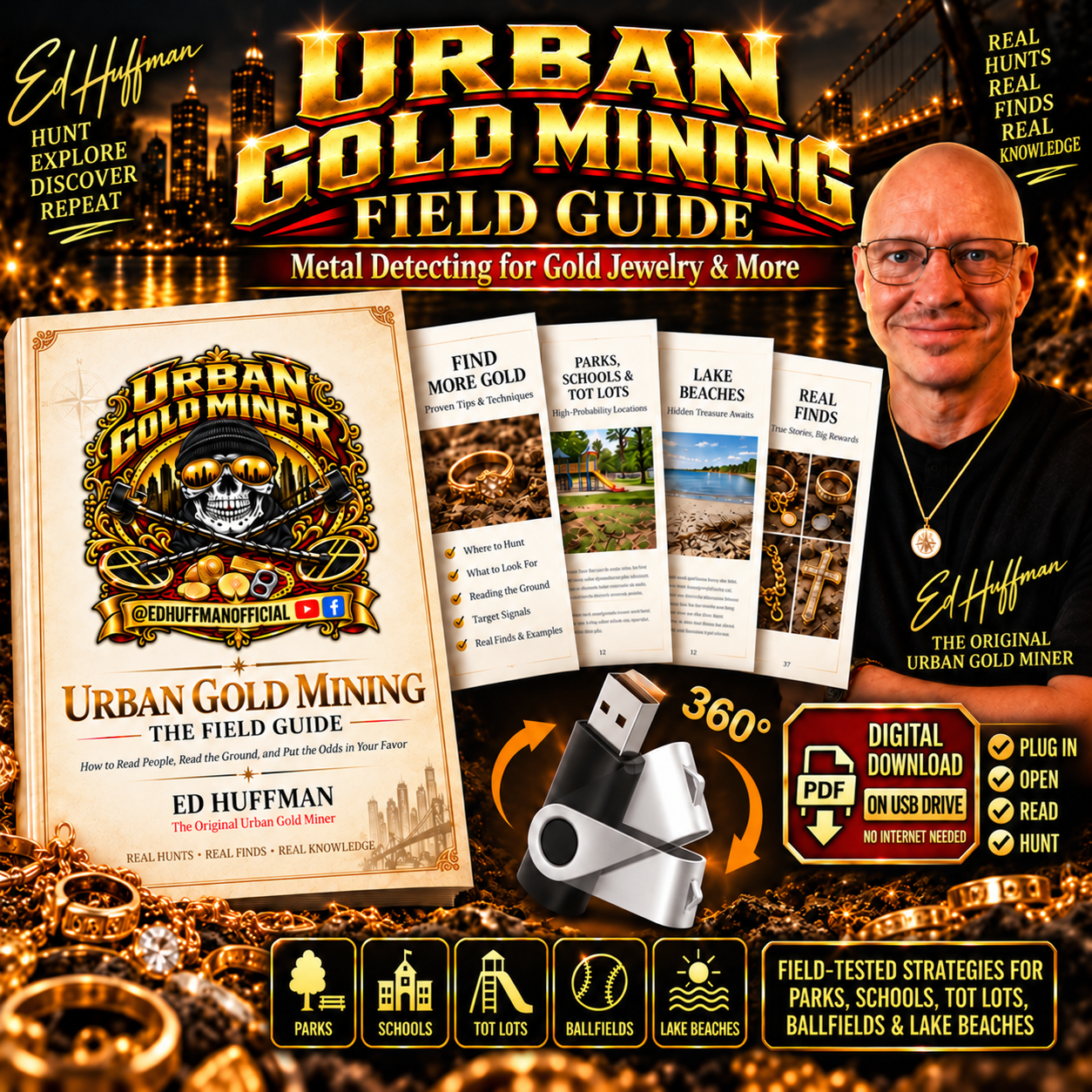 Urban Gold Mining: The Field Guide by Ed Huffman, featuring the guide cover, sample pages, and gold jewelry hunting topics.