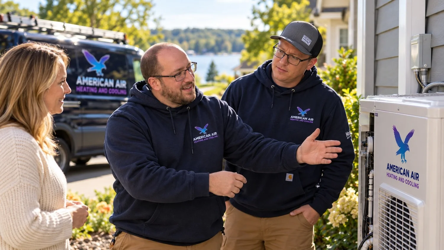 Greg Immediato and Nick Muscatello of American Air Heating and Cooling talking with a homeowner beside a heat pump