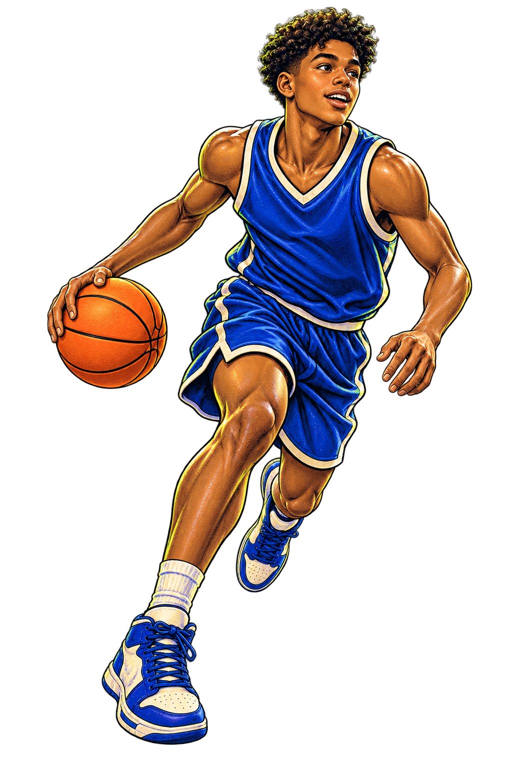 Illustration of a fictional young basketball player in a cobalt uniform dribbling an orange ball.