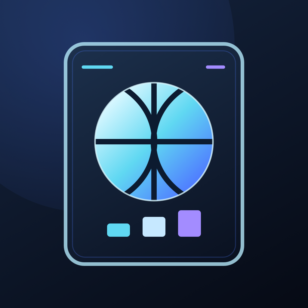 My Game Framed basketball card app icon in cyan, blue and violet on midnight navy.
