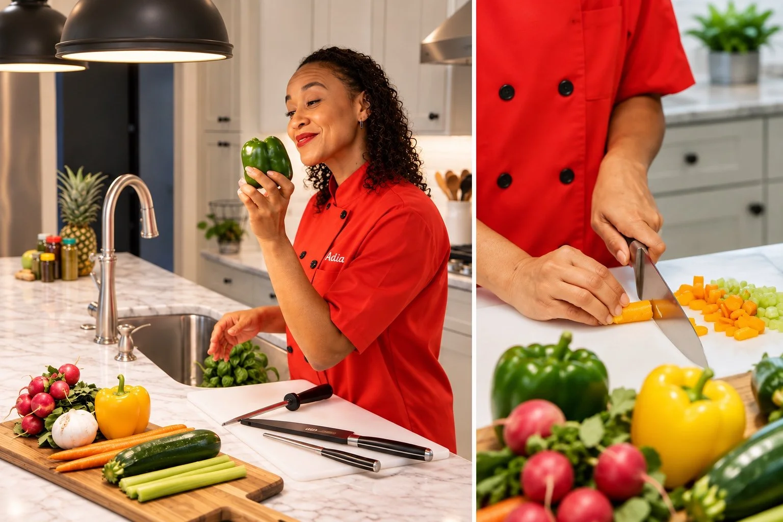 Chef Adia preparing fresh vegetables in her kitchen