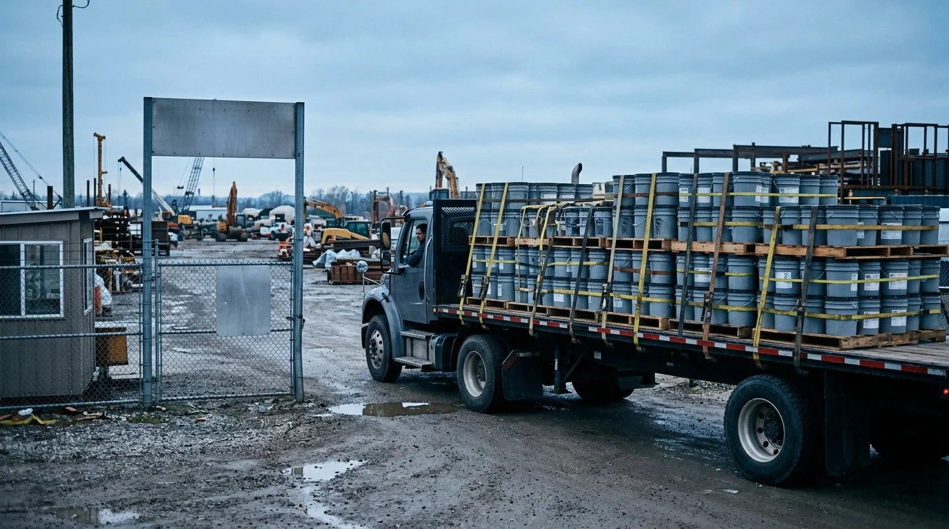 Flatbed truck loaded with pallets of coating pails arriving at an industrial jobsite gate