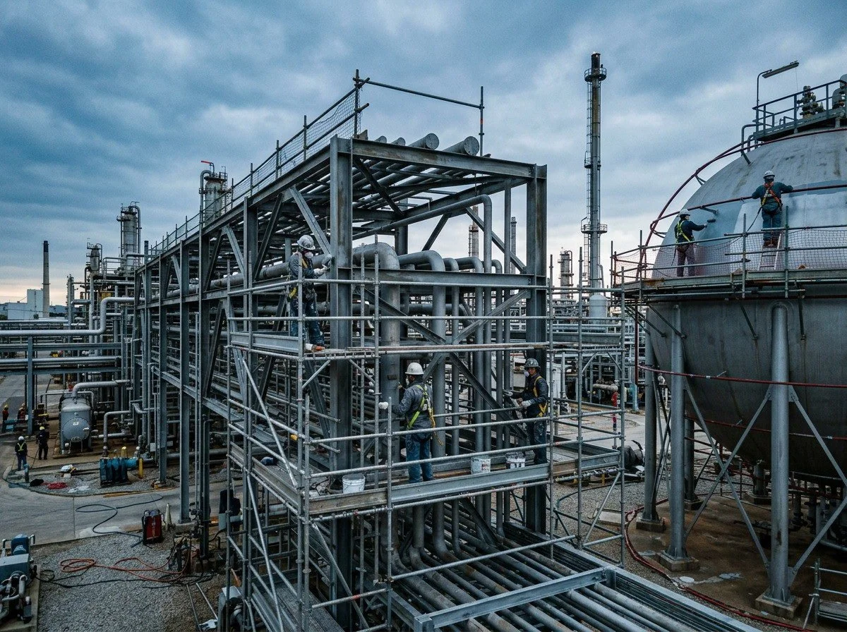 Painters on scaffolding coating a pipe rack and storage sphere at a plant