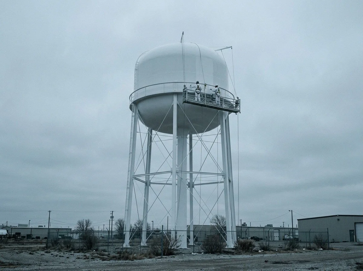 Painters on suspended rigging at a freshly coated elevated water tower