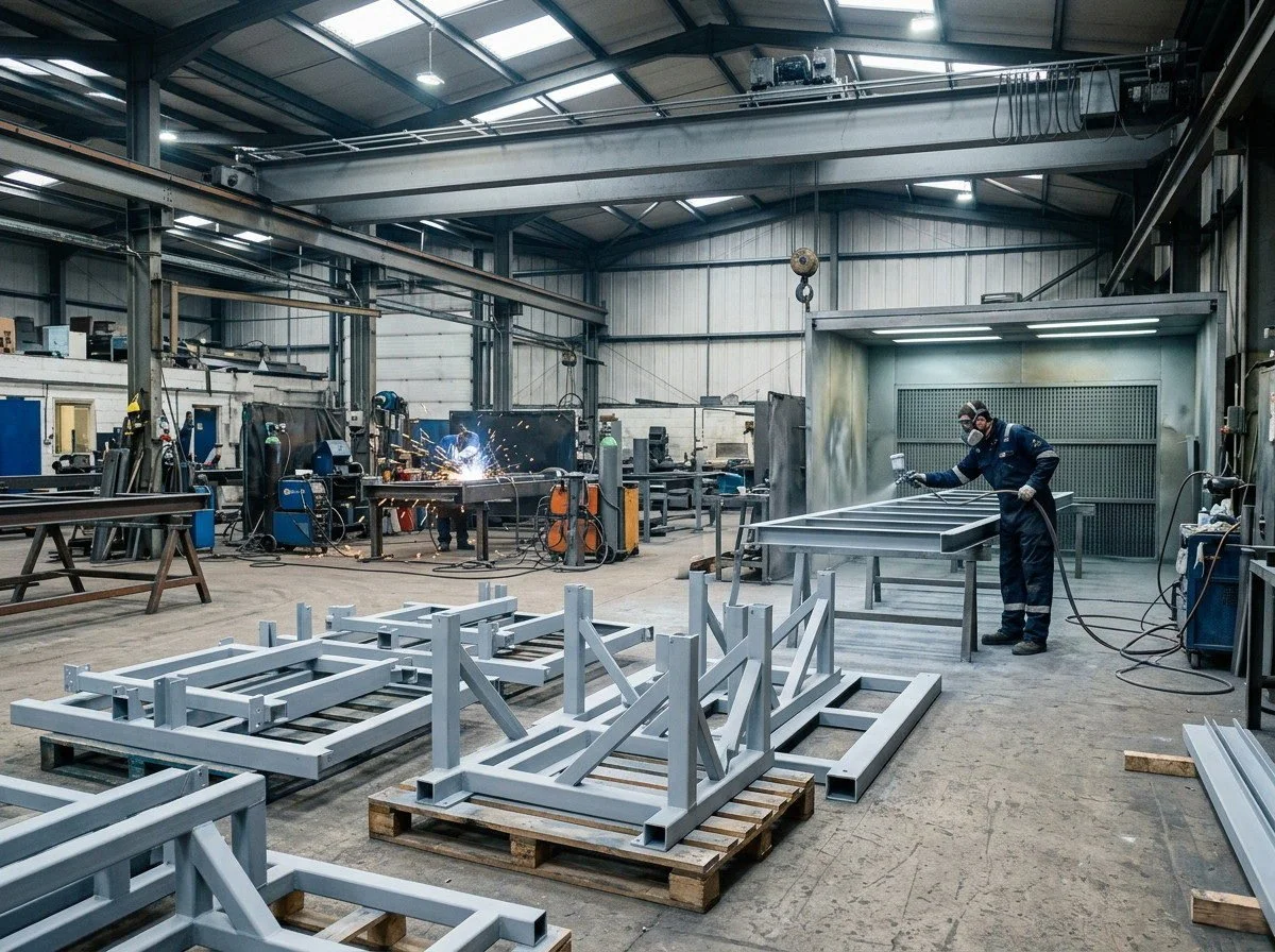 Freshly primed fabricated steel frames on a shop floor