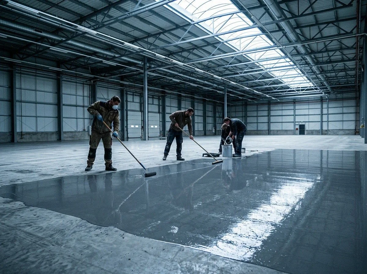 Crew rolling a glossy epoxy floor coating in a warehouse