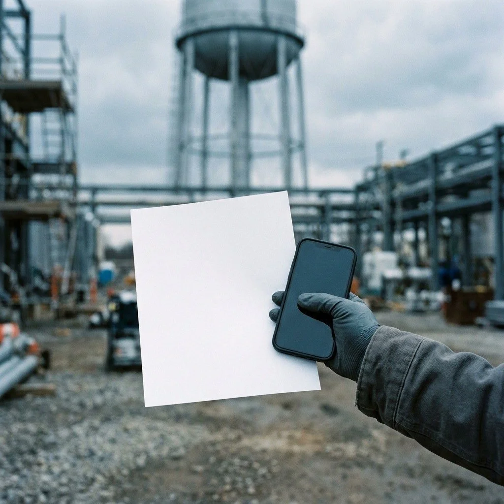 Gloved hand holding a coatings spec sheet and phone at a jobsite, water tower behind