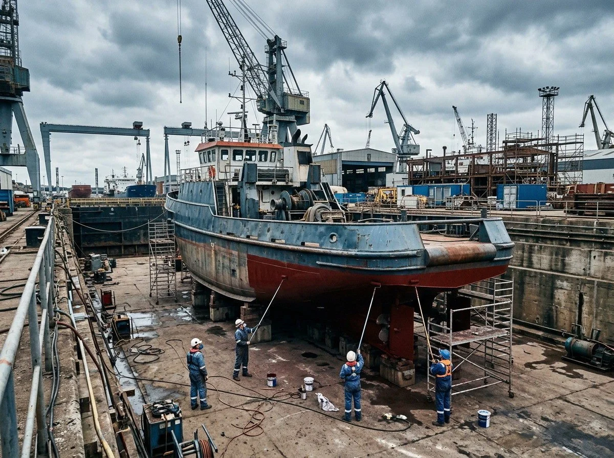 Workboat hull being coated below the waterline in dry dock