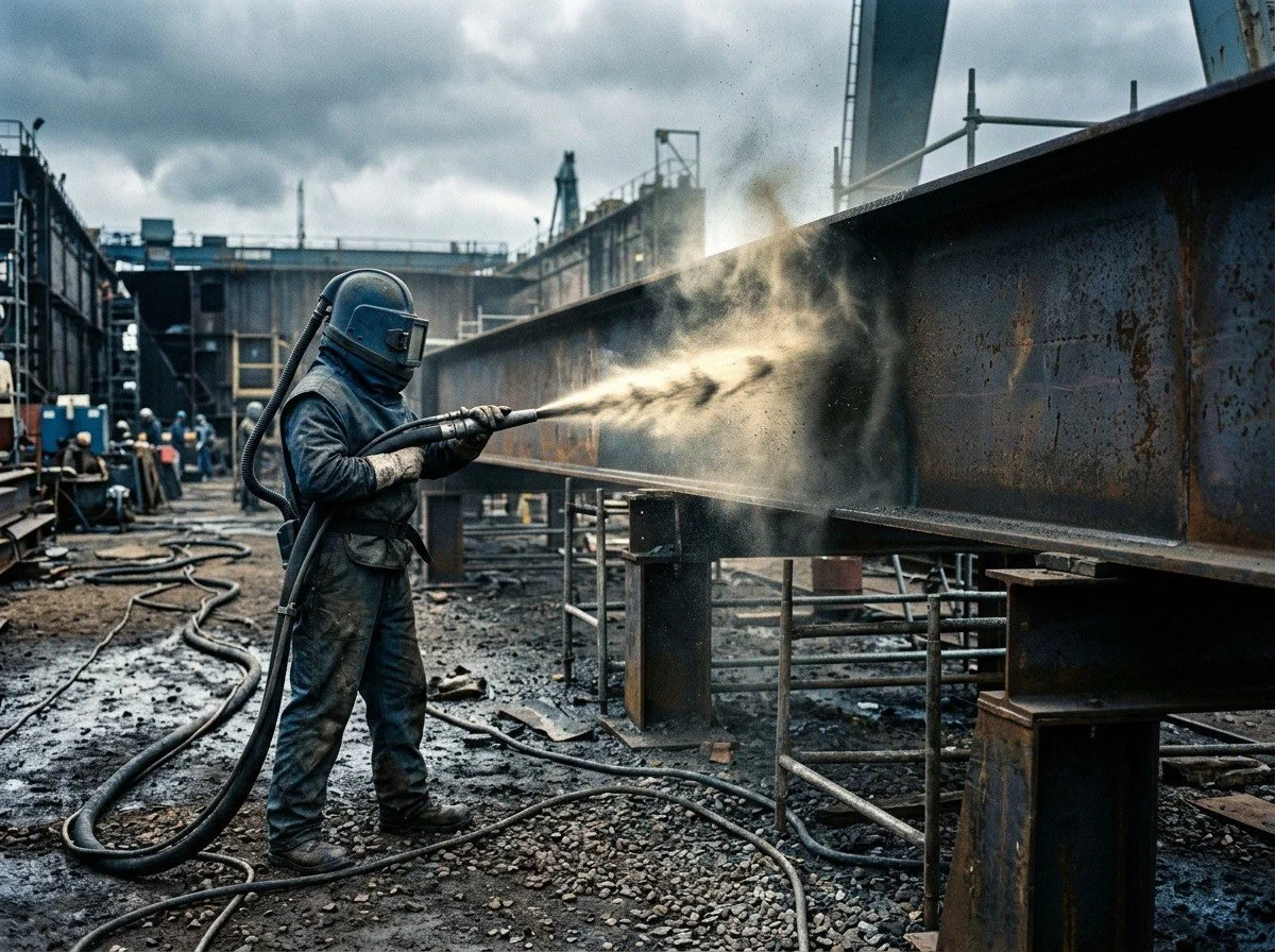 Worker in a blast hood abrasive-blasting a steel beam