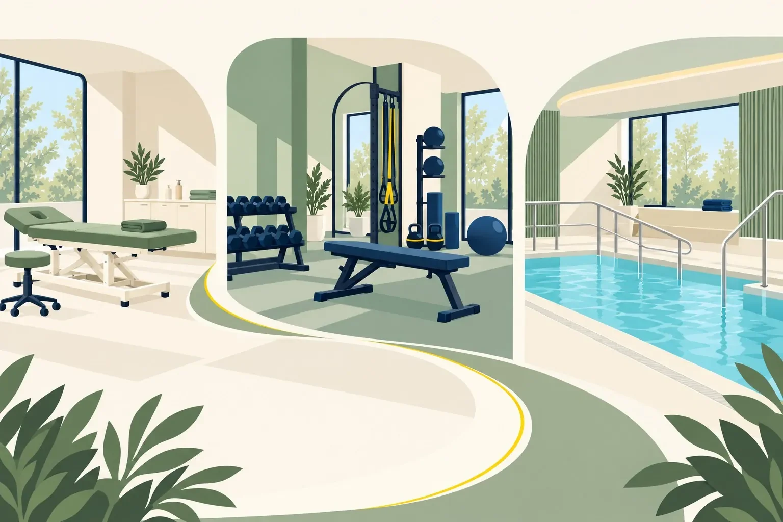Illustration of a physiotherapy treatment room, rehabilitation gym and hydrotherapy pool