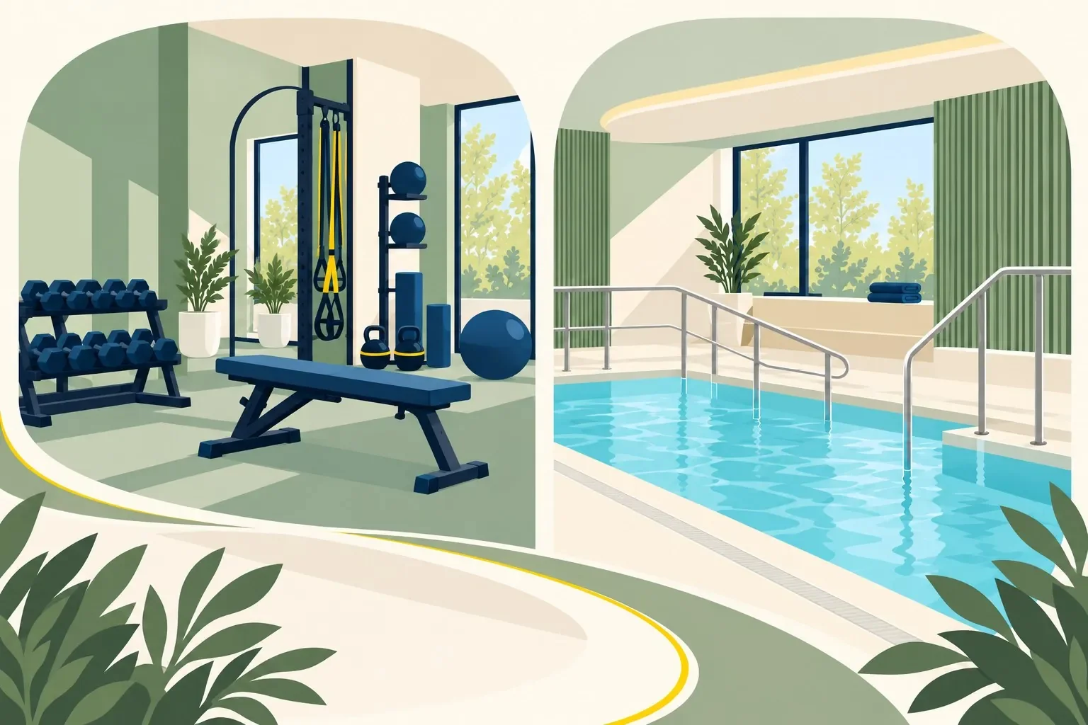 Illustration of a rehabilitation gym and hydrotherapy pool