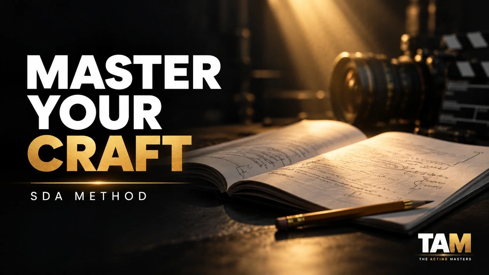 Master Your Craft course artwork: marked script, pencil and cinema lens