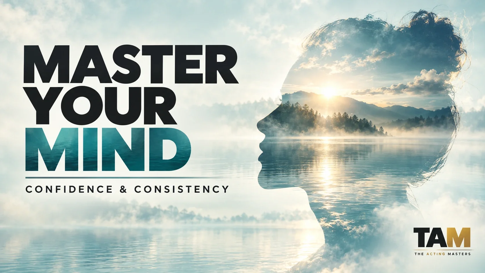 Master Your Mind: cool aqua and sage artwork with a reflective profile and calm water