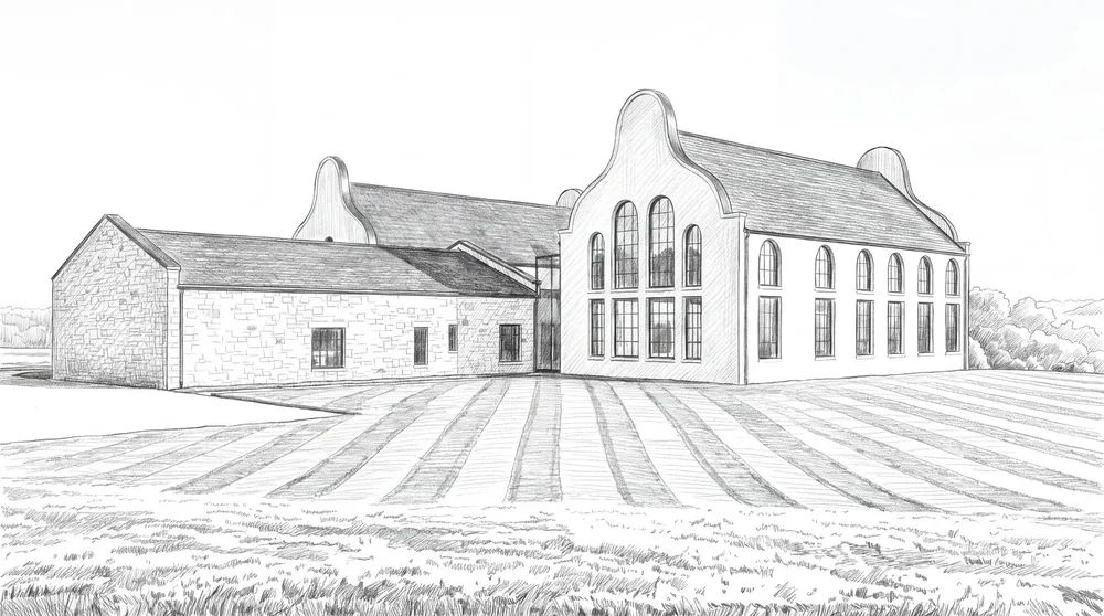 Pencil sketch: side view of the plaster gable wing with arched windows beside the long stone wing