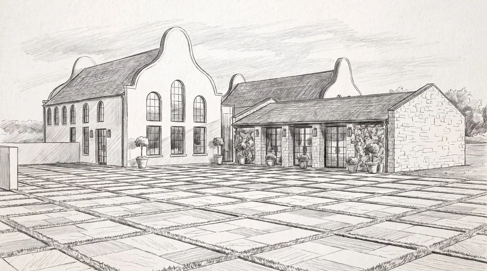Pencil sketch: curved-gable home and stone wing with French doors along a stone-and-grass courtyard
