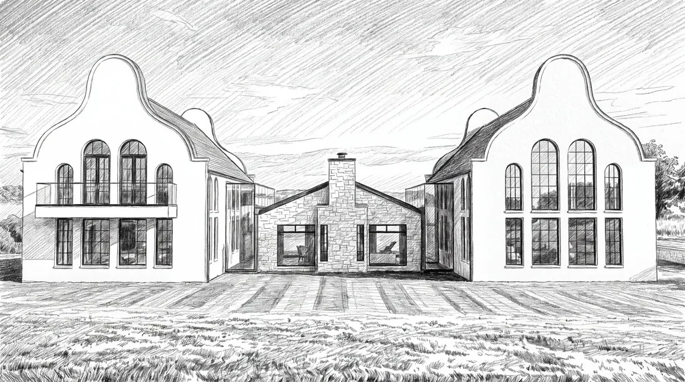Pencil sketch: two curved-gable plaster wings framing a stone center house with a chimney