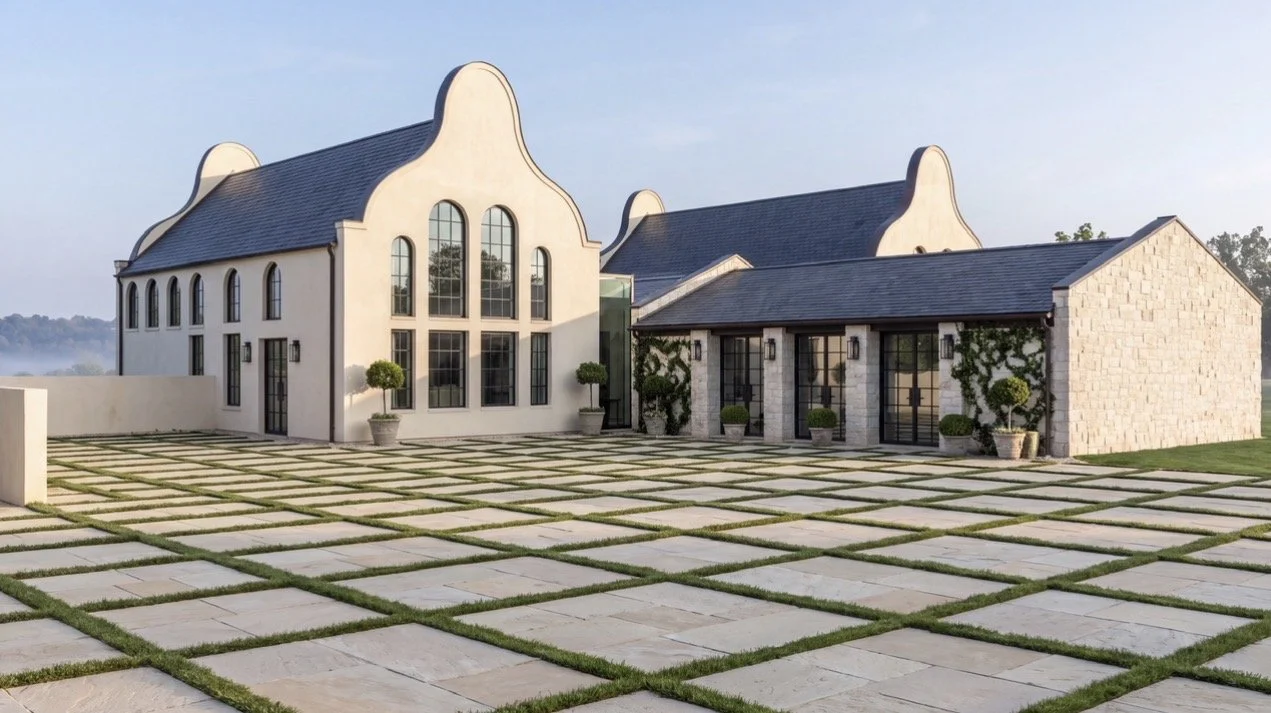 Ora & Alabaster custom home: white plaster curved gables, slate roof and arched steel windows over a stone-and-grass courtyard