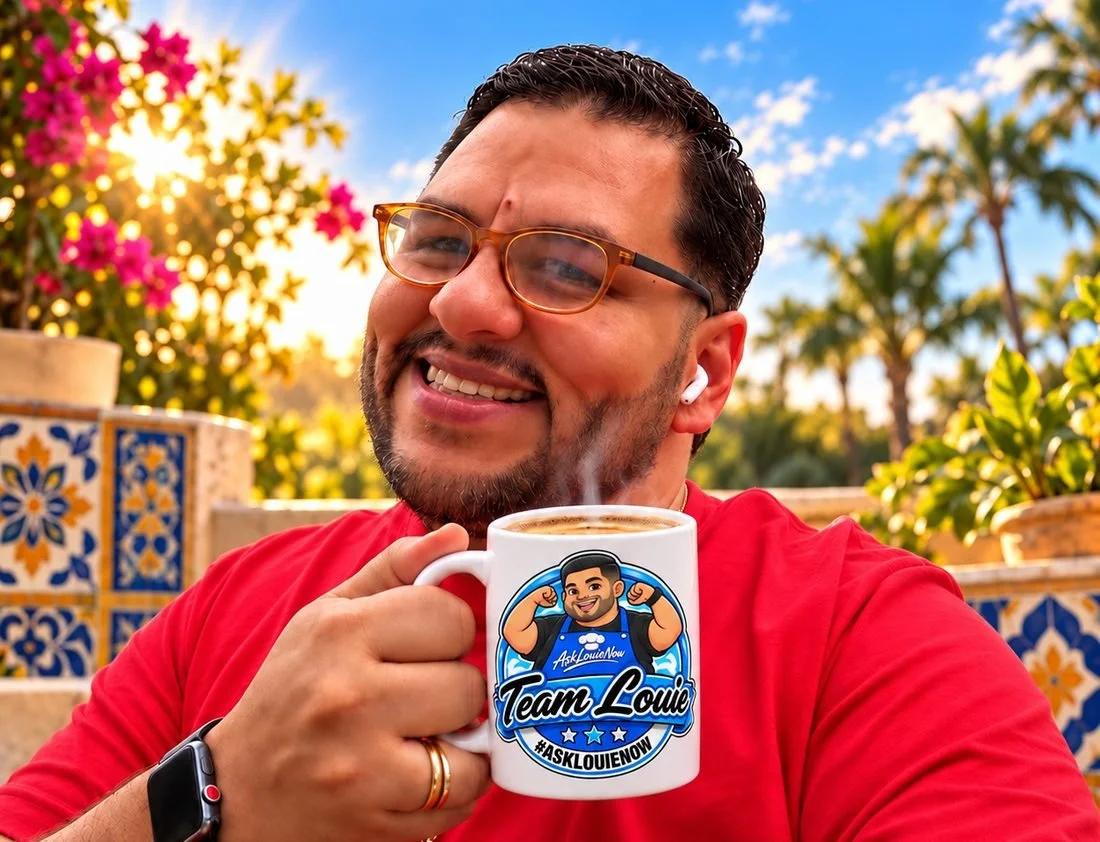 Louie smiling with his Team Louie mug in the Florida sun