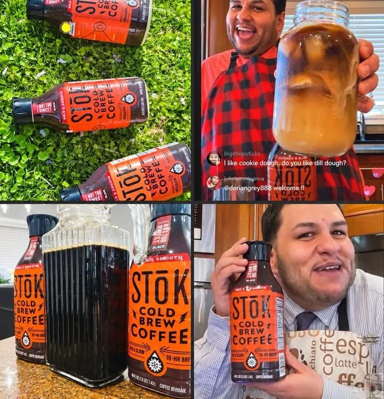 Louie's SToK Cold Brew content: bottles in the grass, a cold brew pitcher, and Louie live with his SToK