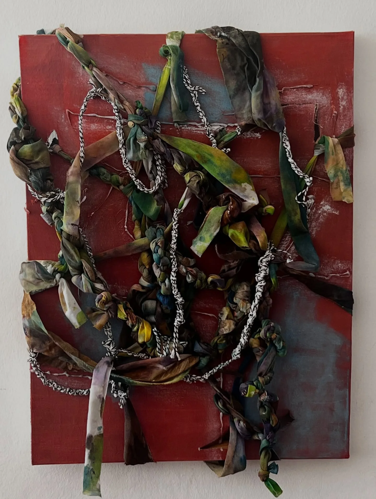 Within the Knots by Su Taşkın, knotted fabric across a red painted surface