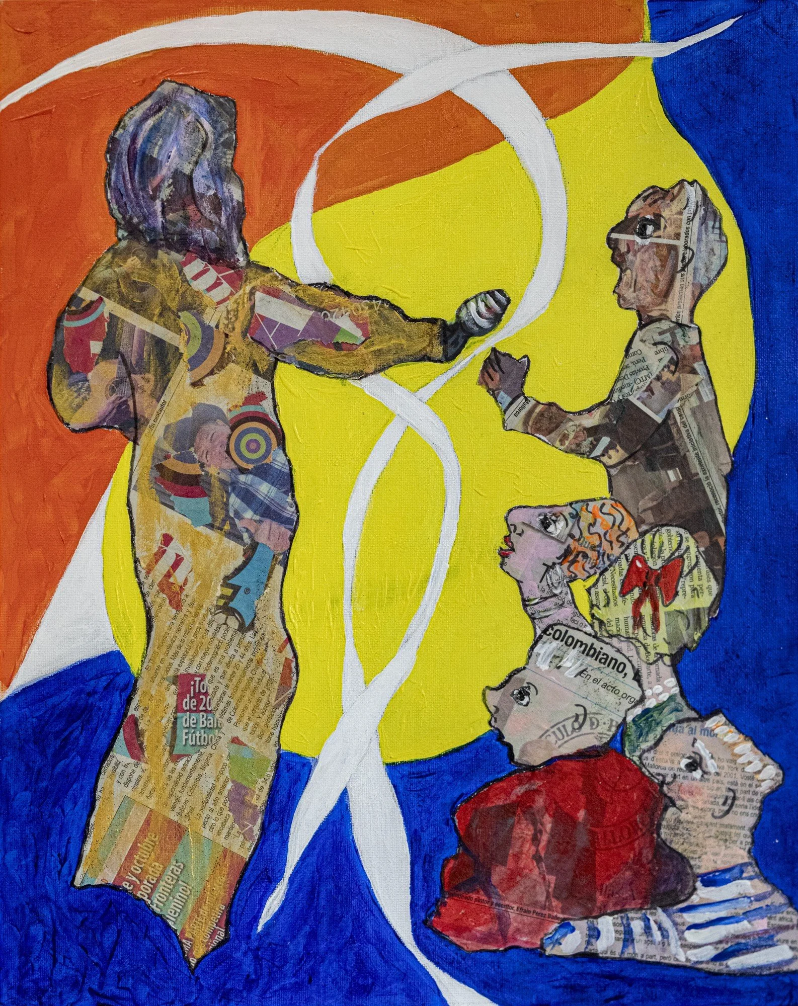 Pintura figurativa de vivos colores, con figuras estampadas y líneas blancas curvas