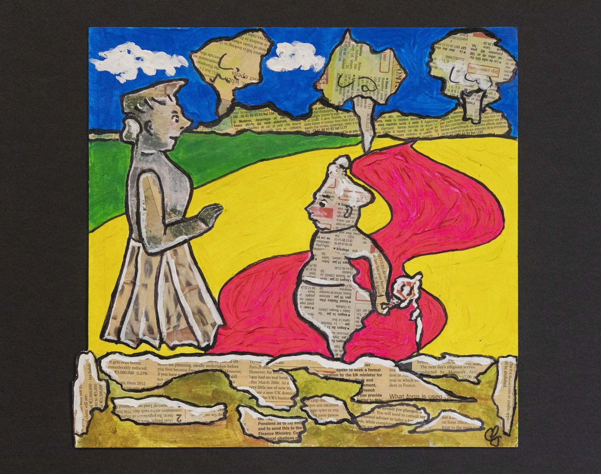 Dos figuras en un paisaje de vivos colores amarillo, rosa, verde y azul