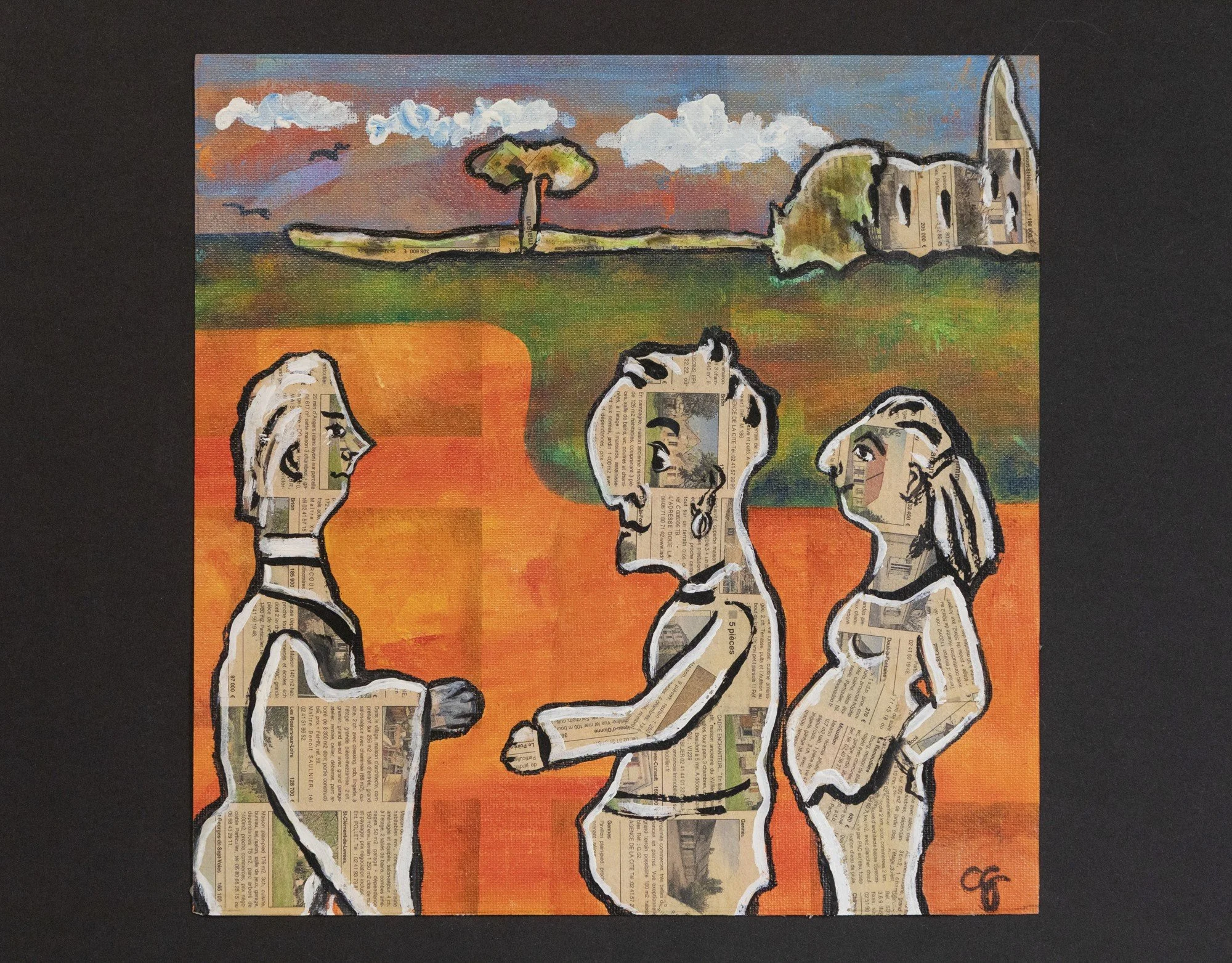 Three figures in an orange landscape