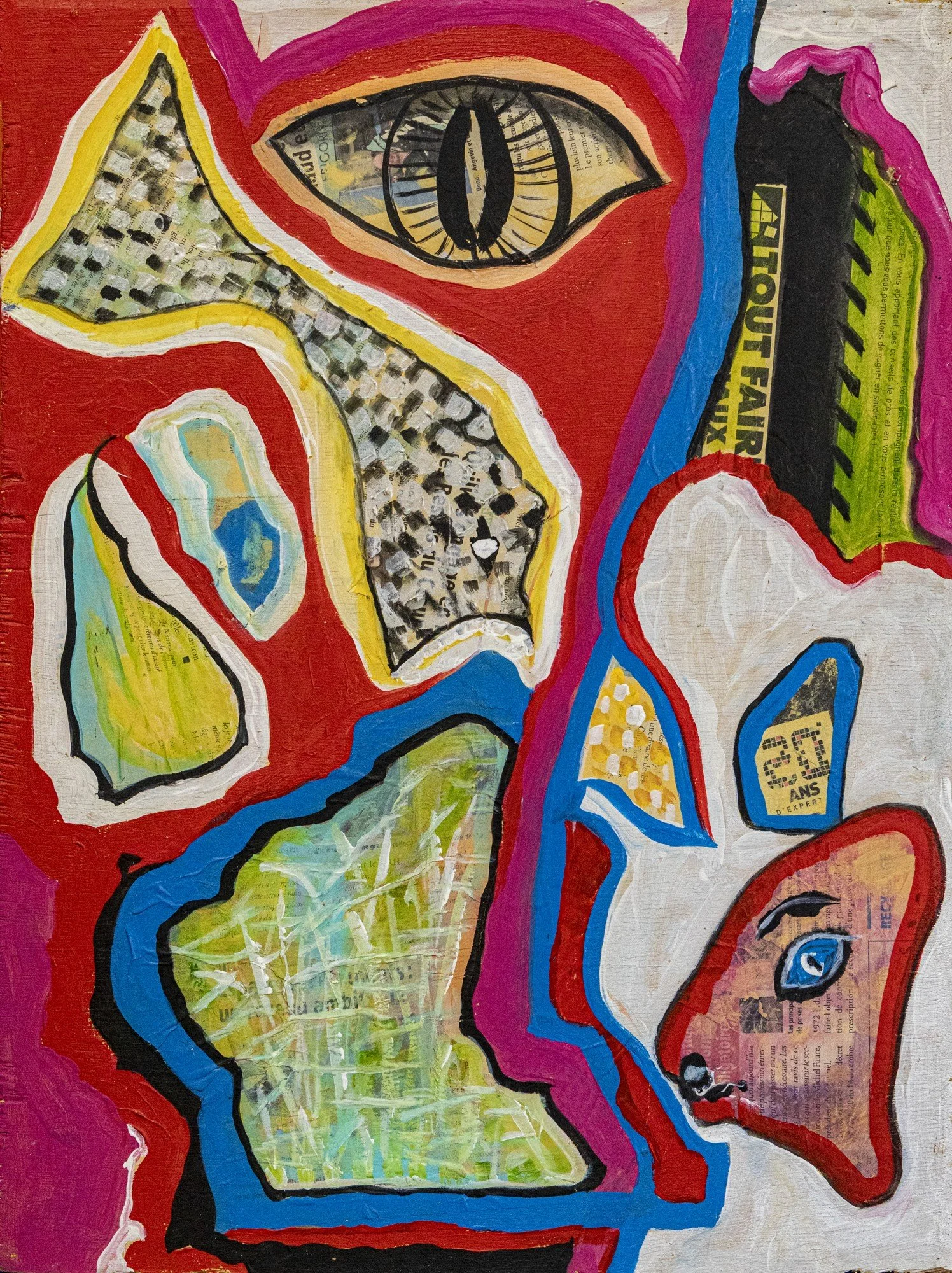 Composición abstracta con ojos expresivos y formas en rojo, amarillo y azul