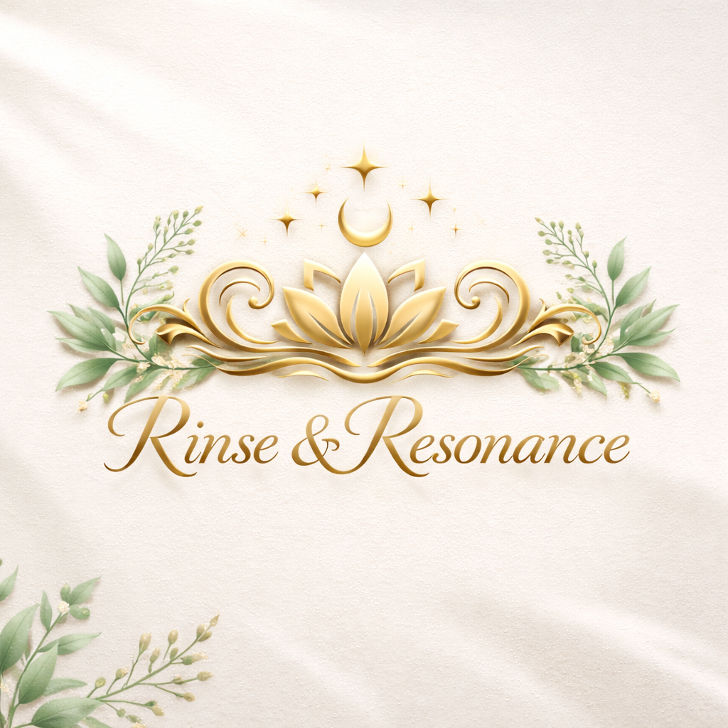 Rinse & Resonance in gold script beneath a lotus and crescent with green leaves, on a cream background.