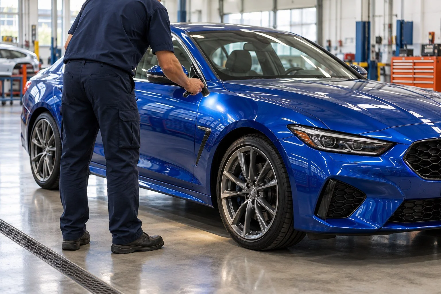 Blue sedan and technician inspecting a body panel in a bright fictional auto body workshop