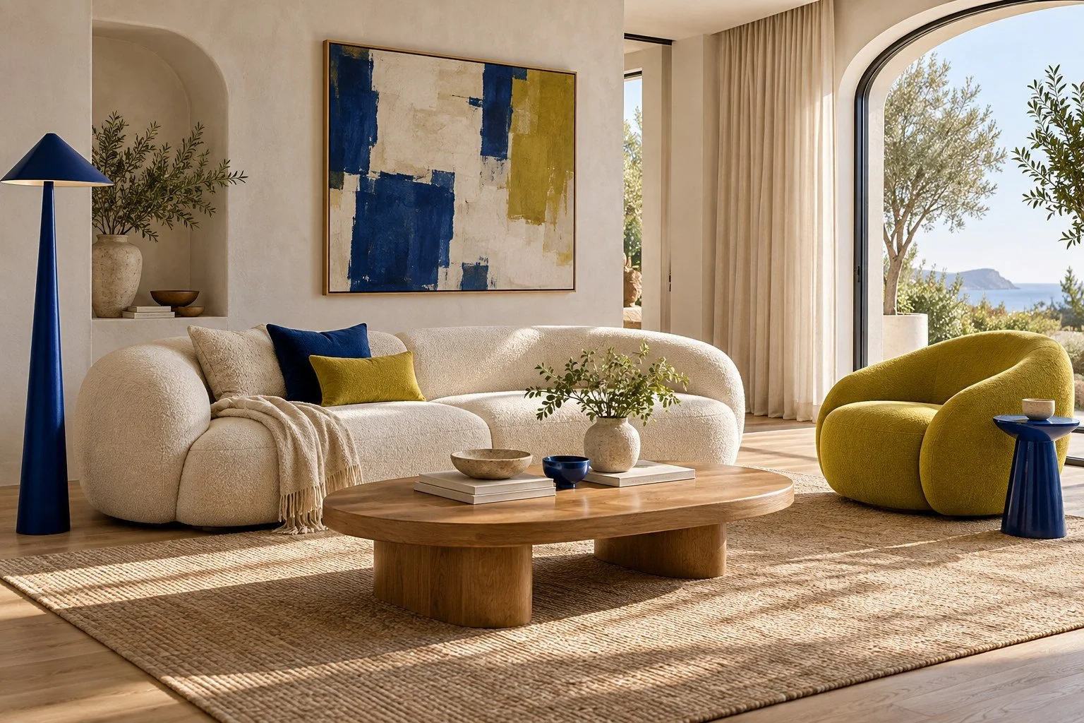 Concept living room with a cream sofa, sculptural lounge chair and low oak coffee table