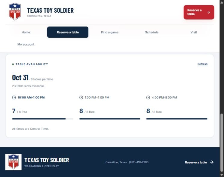 Texas Toy Soldier table availability with separate free-table counts for three Saturday time slots