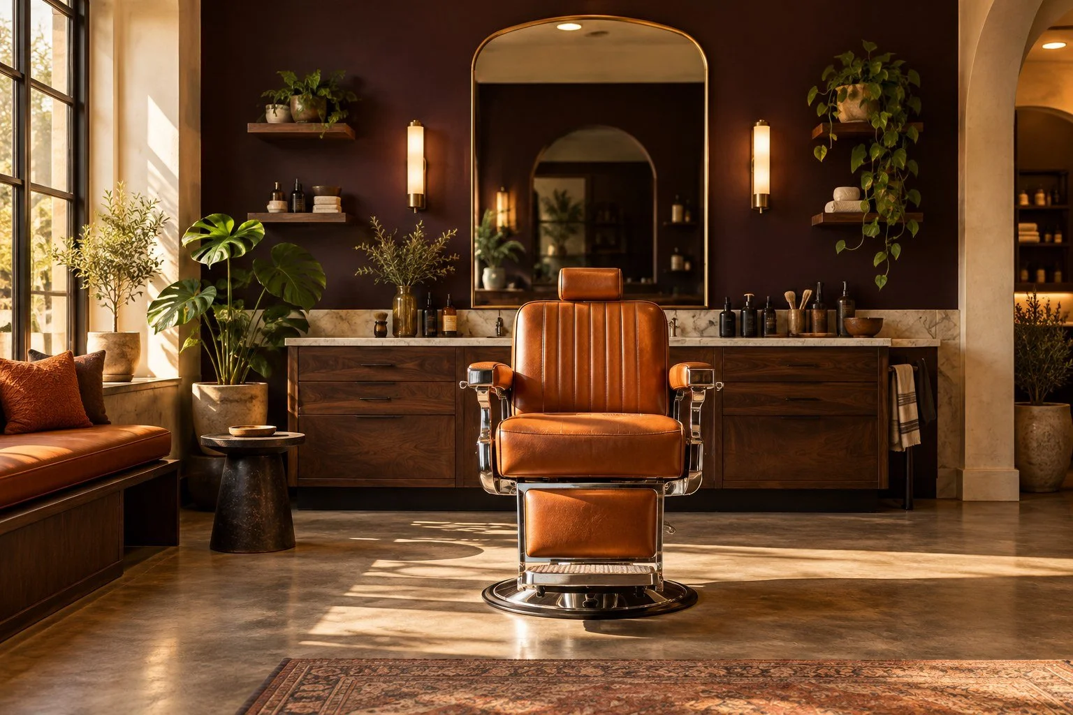 Concept barbershop interior with a cognac leather chair, dark walls and warm wood