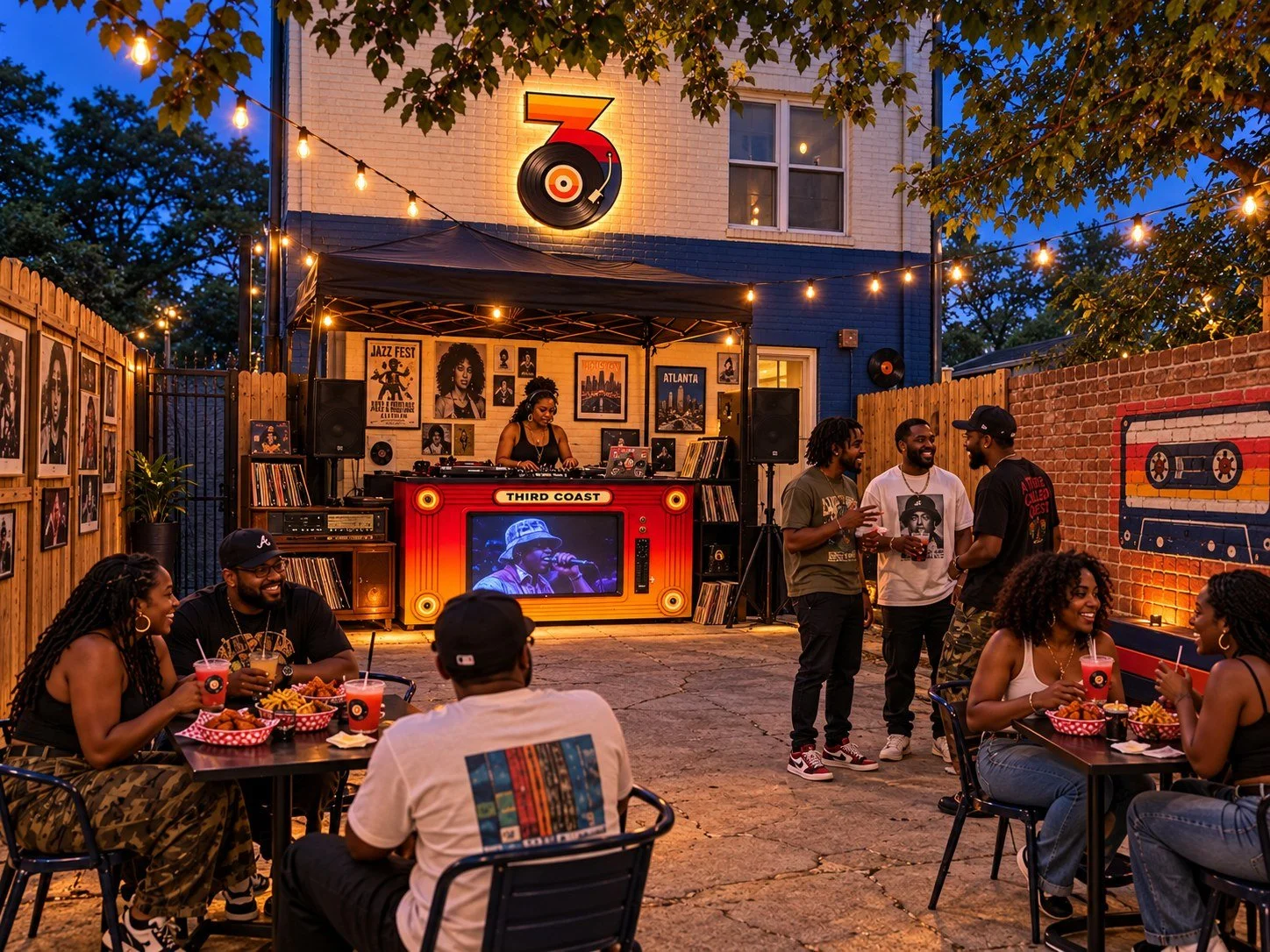 Evening patio with a retro DJ stage, navy accents and warm string lights