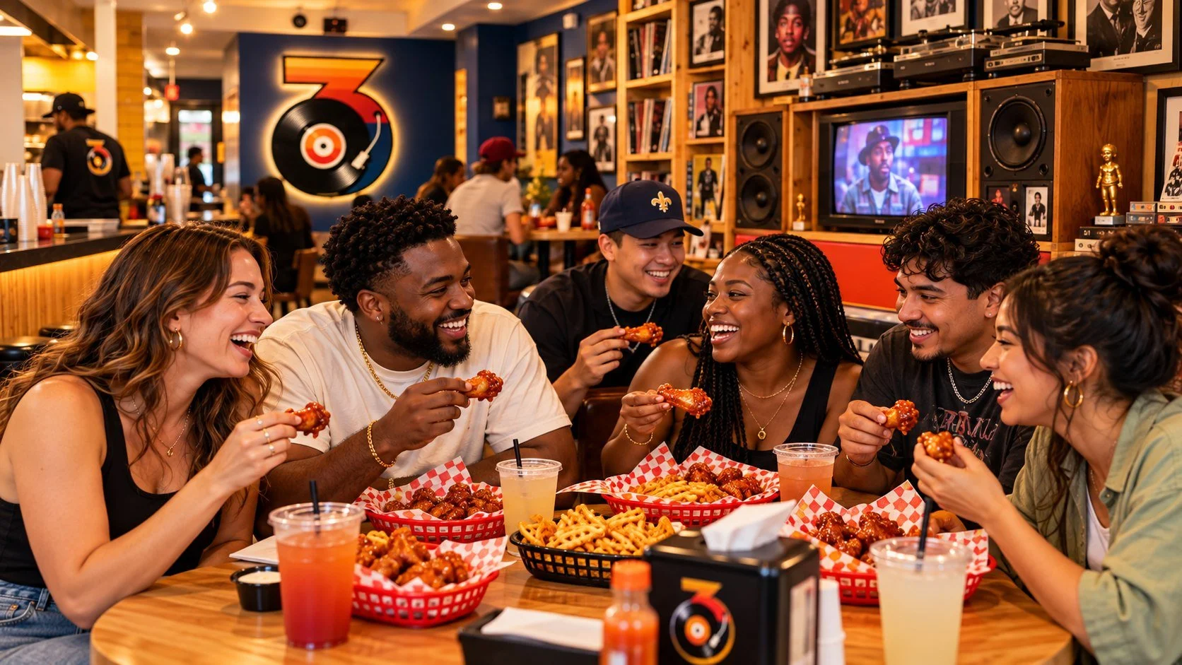 A diverse group of adult friends sharing wings in a warm, retro Third Coast dining room