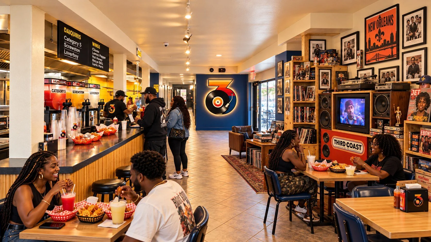 Third Coast interior with a wing counter, vinyl records, warm lighting and friends dining