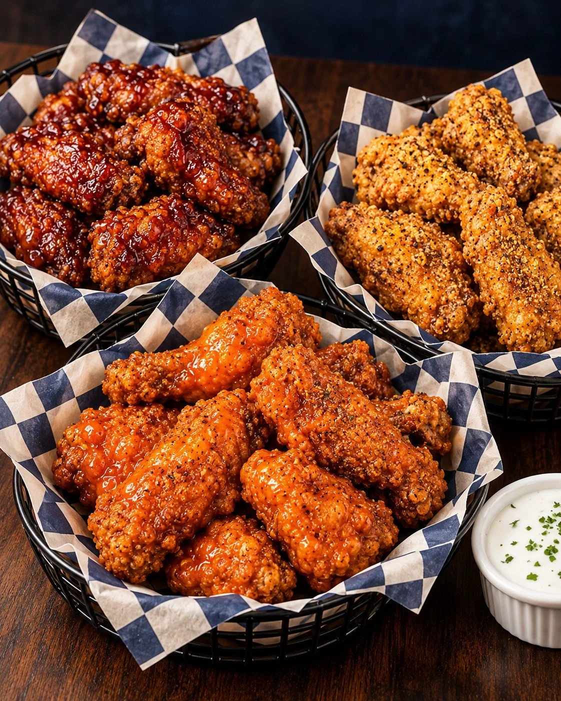 Crispy breaded bone-in wings in three baskets, with BBQ, buffalo and lemon-pepper finishes