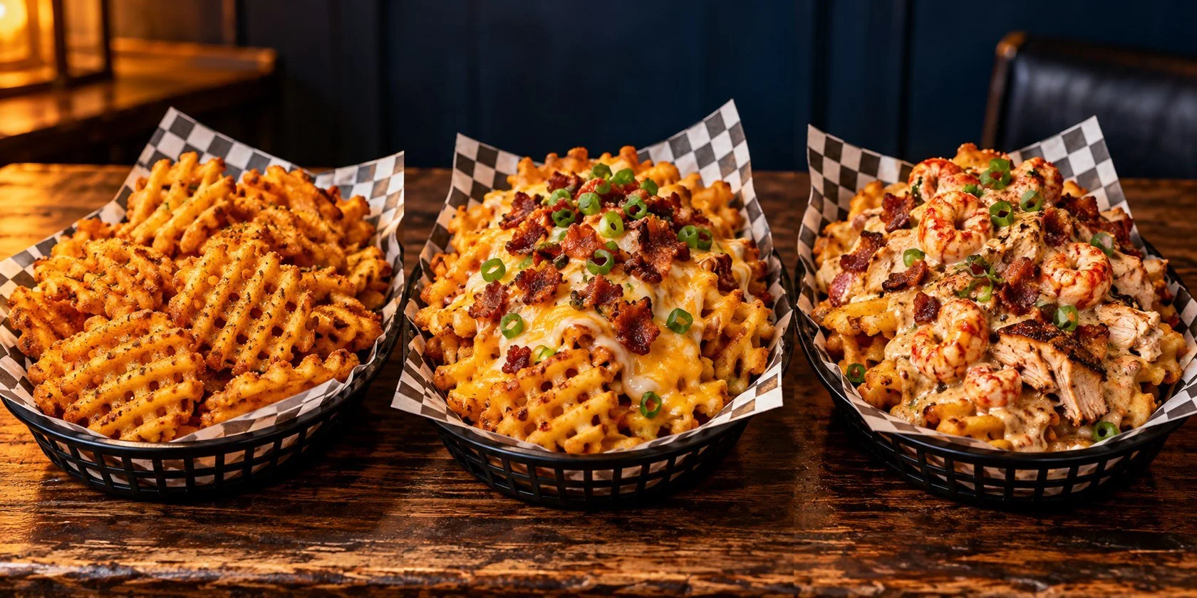 Seasoned, loaded and swamp waffle fries