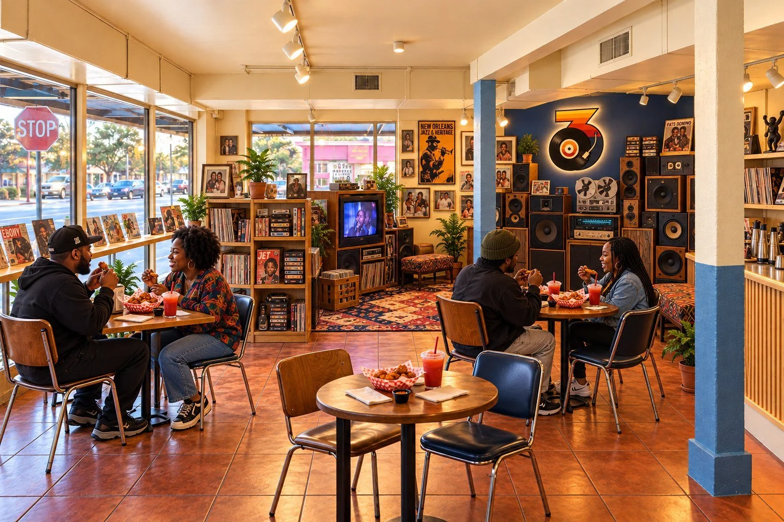 Third Coast lounge with vinyl records, vintage speakers and cozy dining tables