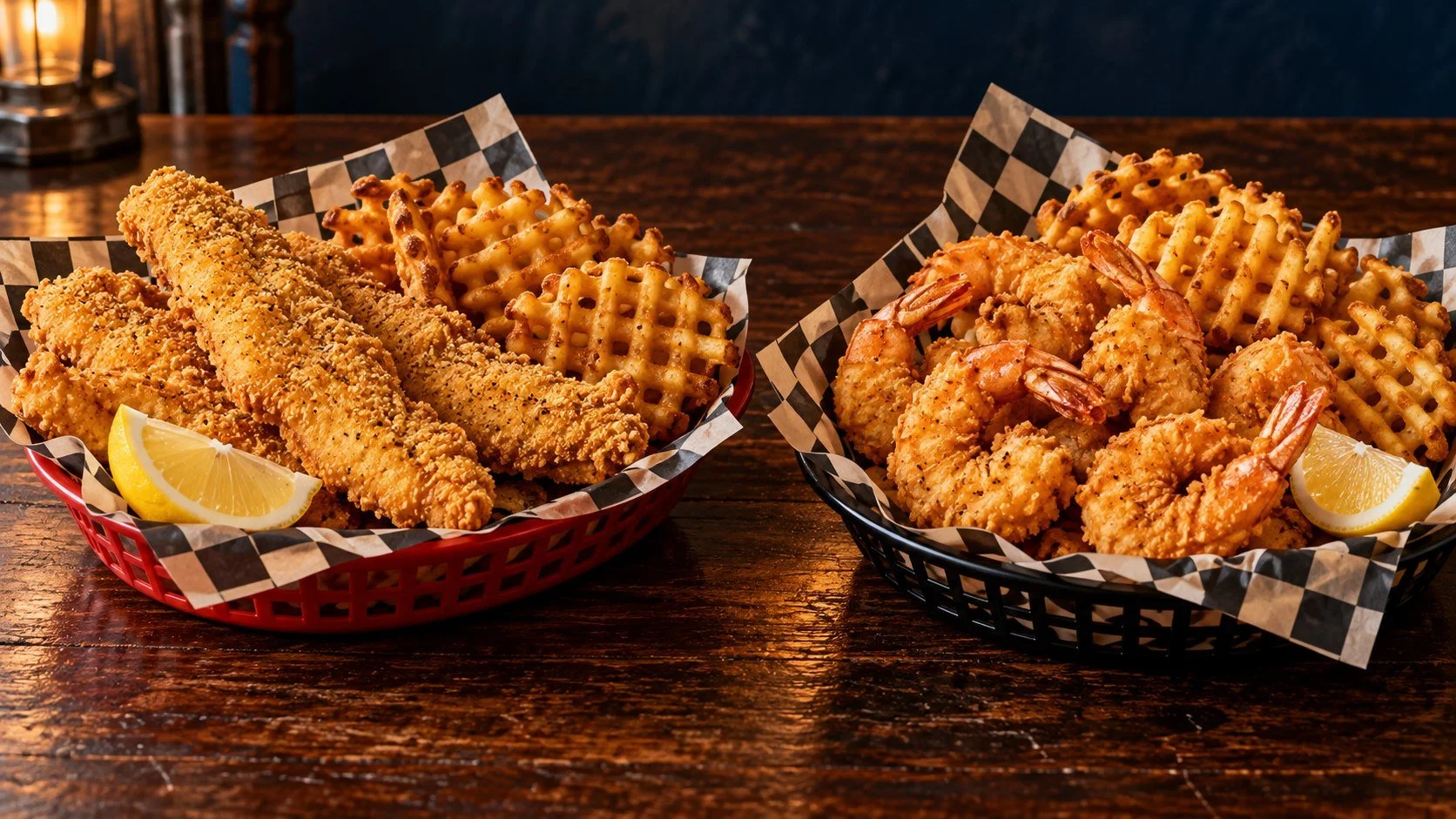 Catfish strip and shrimp baskets, both with waffle fries