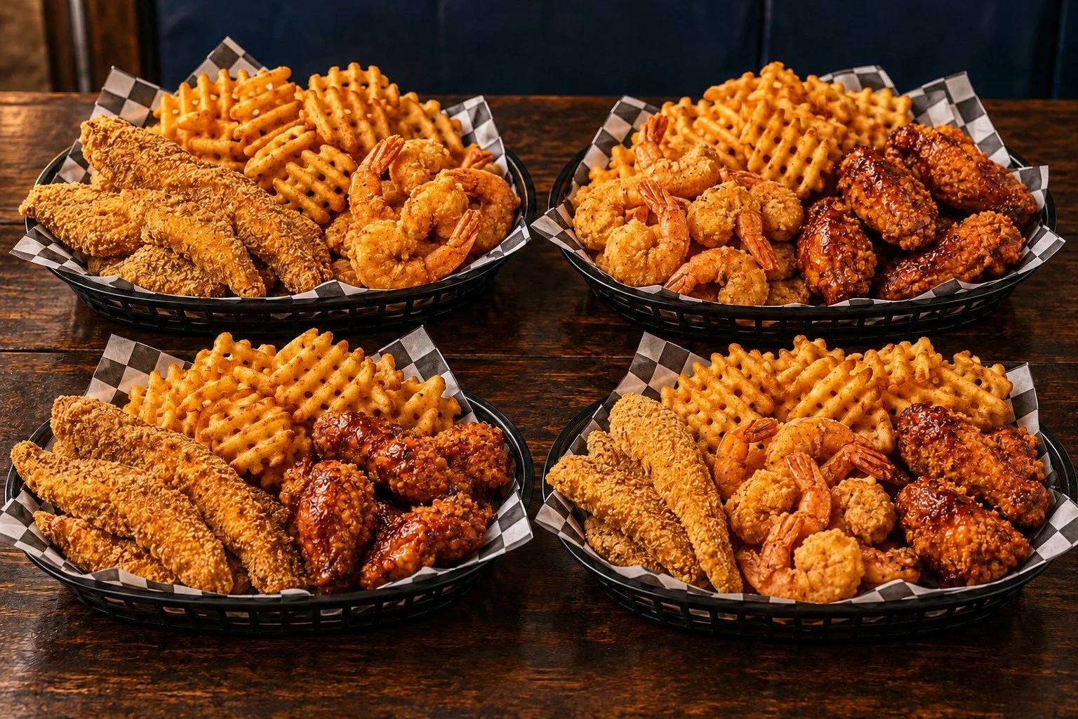 Four combo baskets with crispy breaded wings, catfish strips, shrimp and waffle fries in their menu combinations