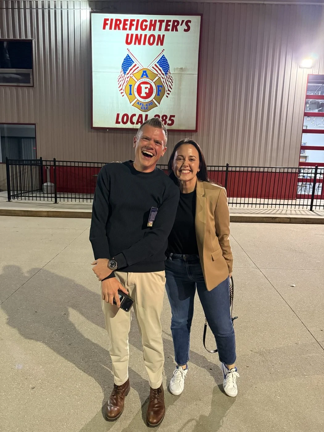 Justin Solomon with Denise Powell, candidate for Congress, at Omaha Firefighters Local 385
