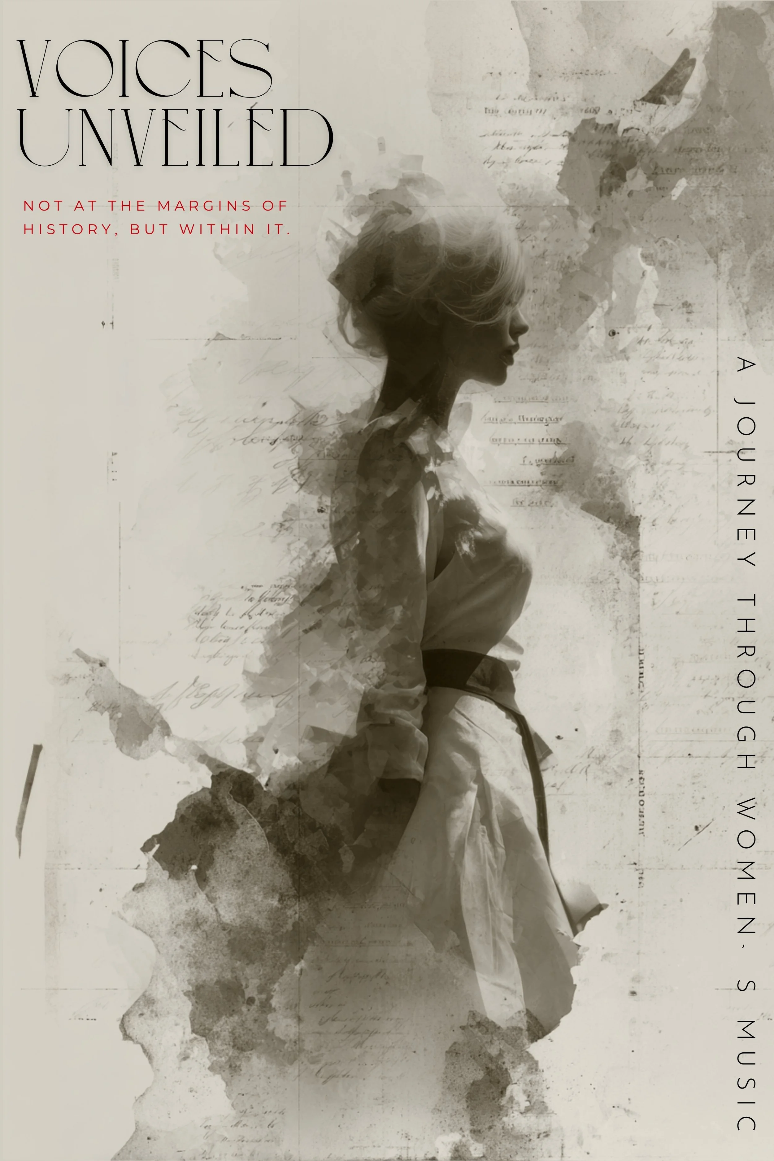 Voices Unveiled — A Journey through Women’s Music. Not at the margins of history, but within it. Project poster with a female silhouette and faded manuscript fragments.