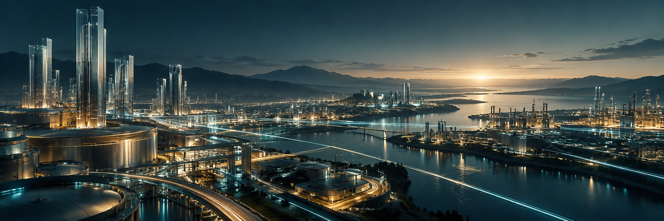 Conceptual AI-generated landscape of connected industrial and digital systems