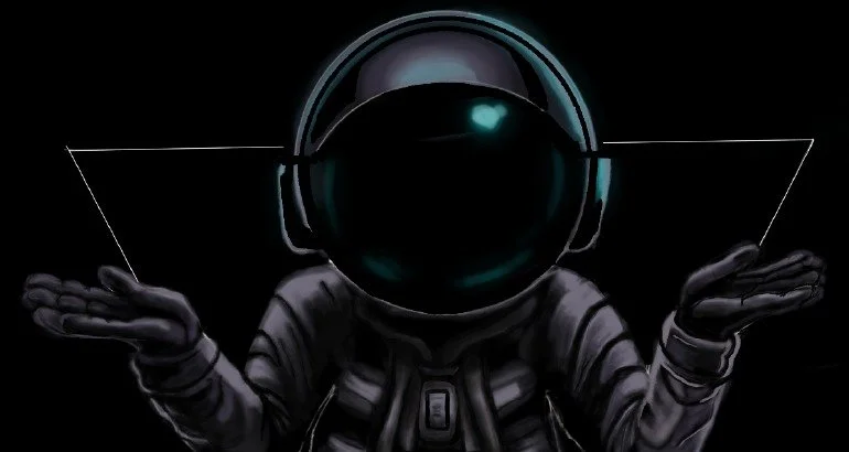 An astronaut in headphones shrugging, one open palm raised on each side