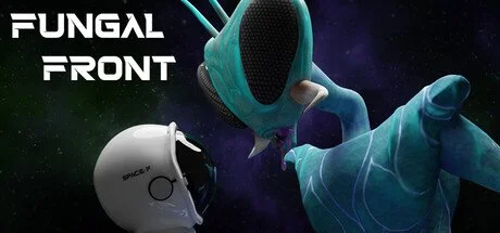 Fungal Front key art: an astronaut in a white helmet face to face with a towering blue alien Shroomie