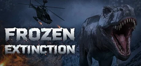 Frozen Extinction key art: a huge roaring dinosaur and an attack helicopter over a snowy mountain