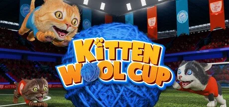 Kitten Wool Cup key art: kittens in team jerseys around a giant ball of blue yarn in a soccer stadium