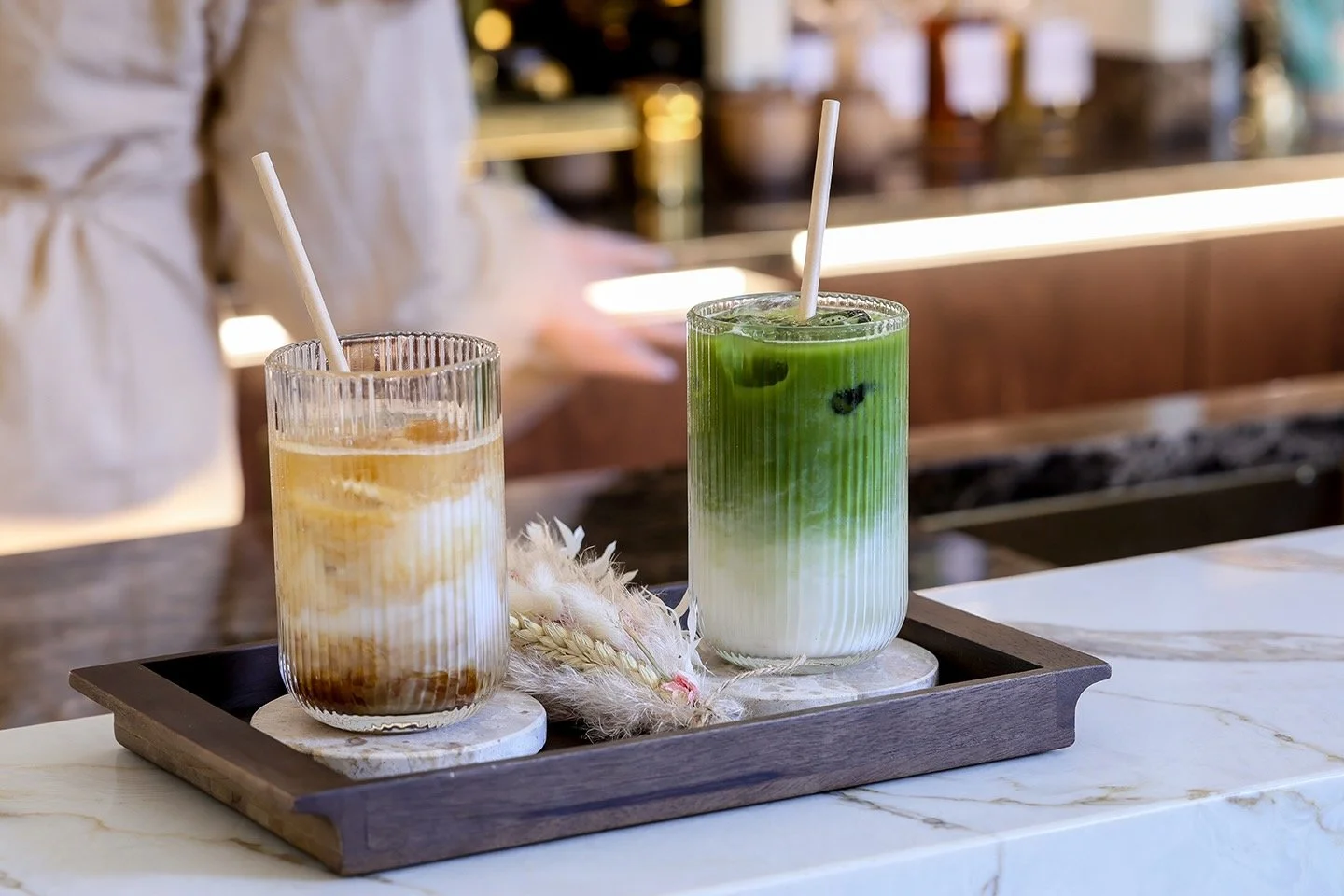 Iced latte and matcha in the wellness lounge